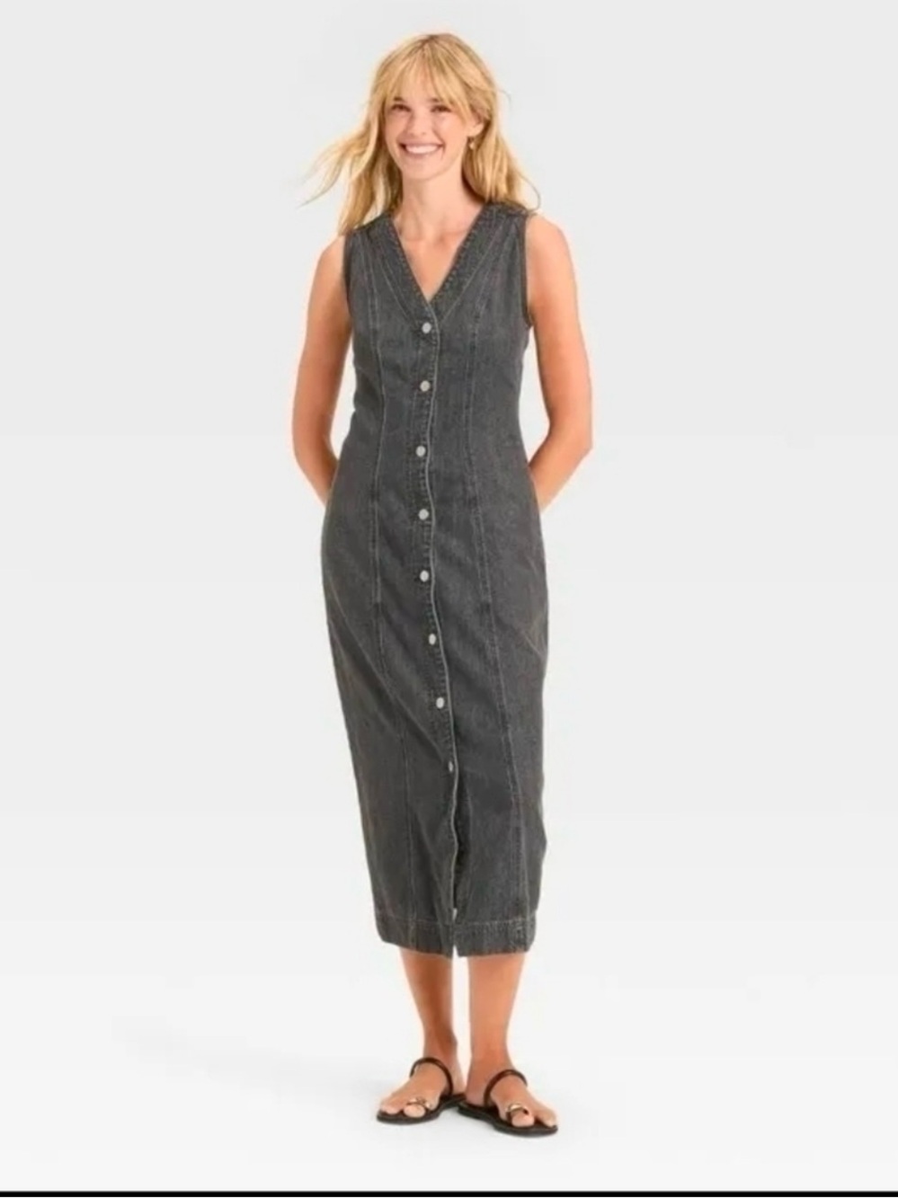Universal Thread Sleeveless Button-Front V-Neck Midi Dress in Charcoal Gray